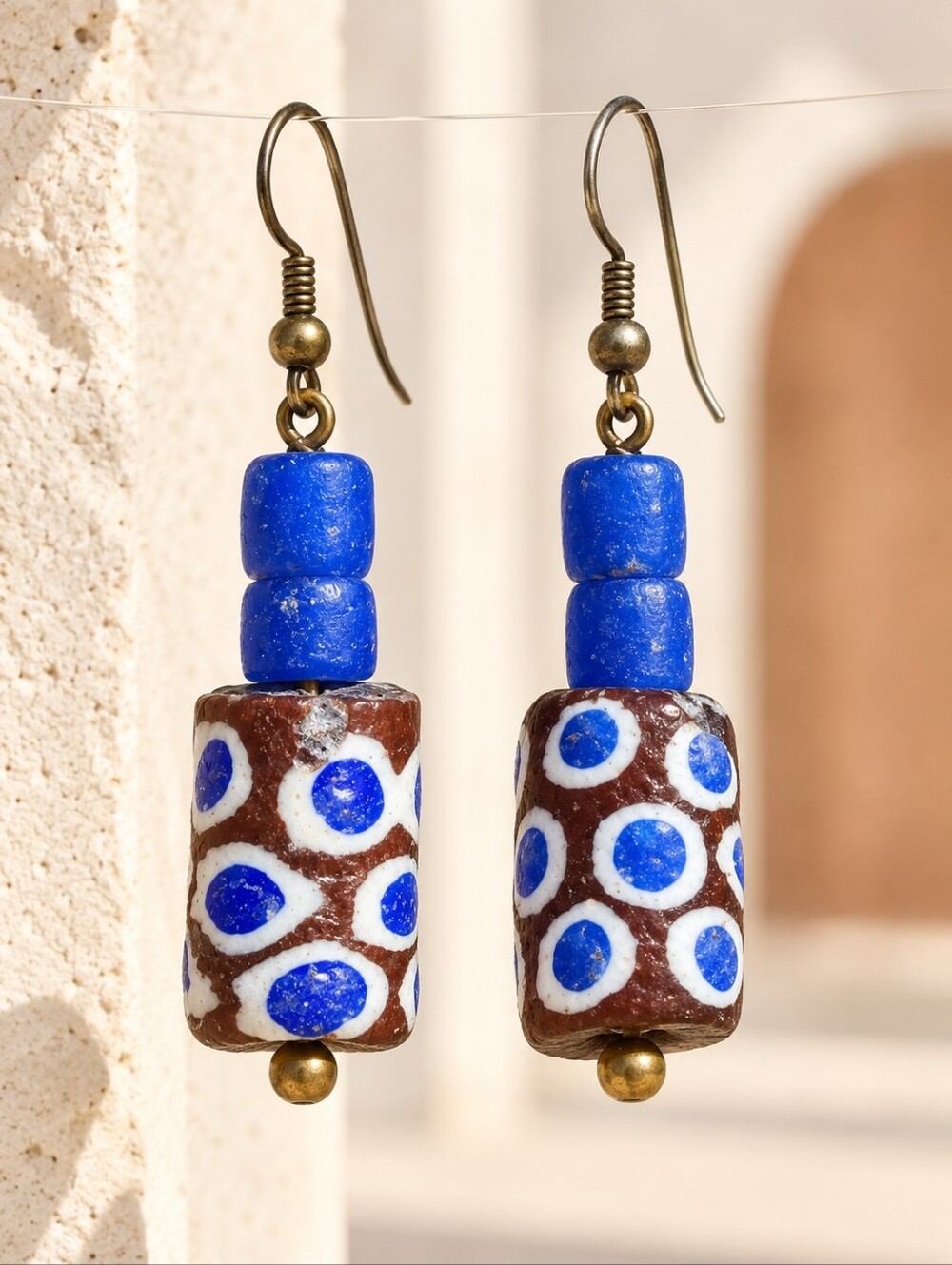 Vintage Ghana Krobo Powder Glass Eye Bead Dangle Earrings Blue Brown